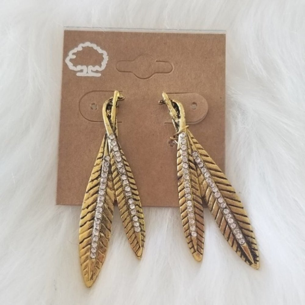 Gold toned rindstone feather earrings